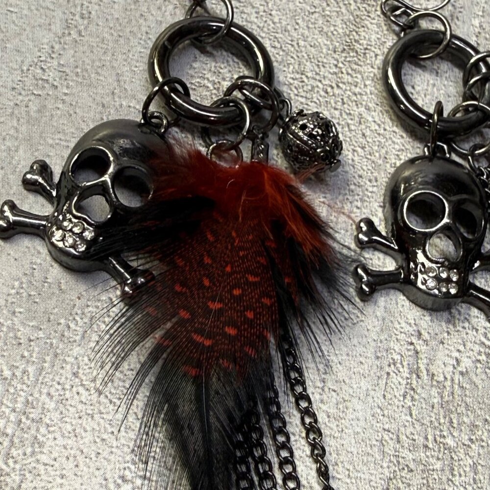 Gothic Skull Dangle Earrings Chain Red Feathers Crystal Accent Boho Punk Jewelry - Picture 3 of 16